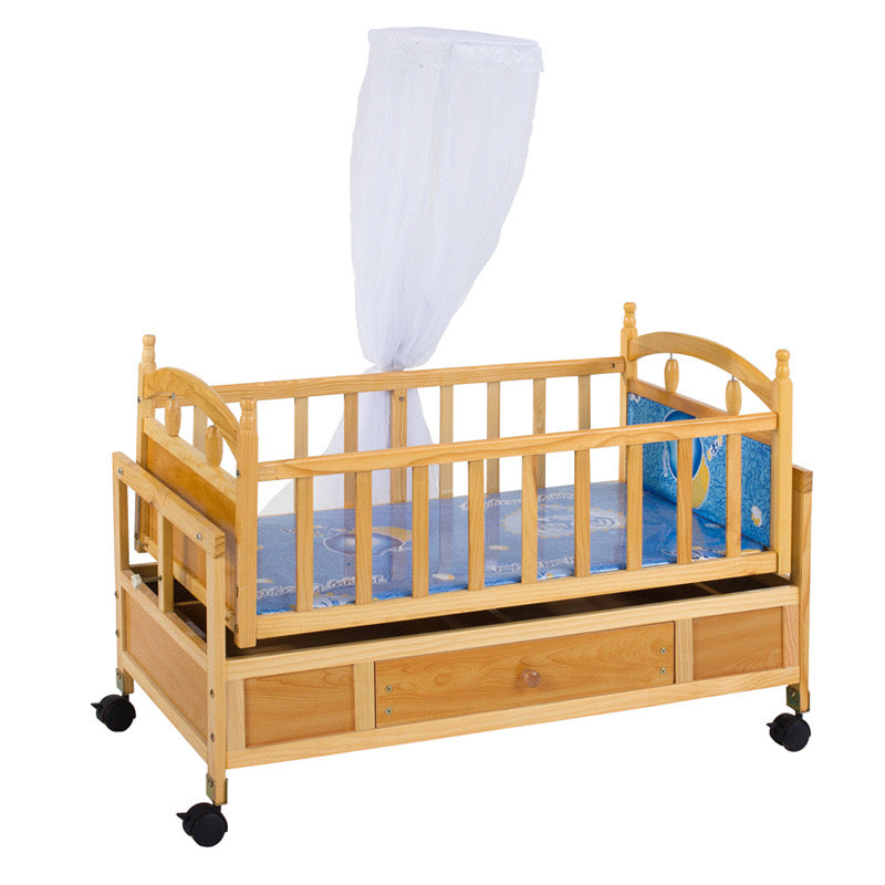 BABBLEE 2-in-1 Solid Wood Baby Cot& Cradle with Storage | Mosquito Net | Safe Sleep Solution | Elegant Nursery Essential
