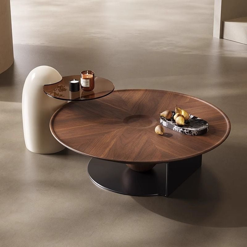 MORGANITE Modern Center Table | Sculptural Walnut Wood with Marble Accent | Contemporary Coffee Table