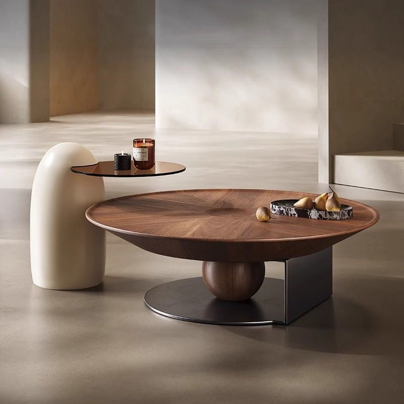 MORGANITE Modern Center Table | Sculptural Walnut Wood with Marble Accent | Contemporary Coffee Table