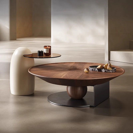 MORGANITE Modern Center Table | Sculptural Walnut Wood with Marble Accent | Contemporary Coffee Table