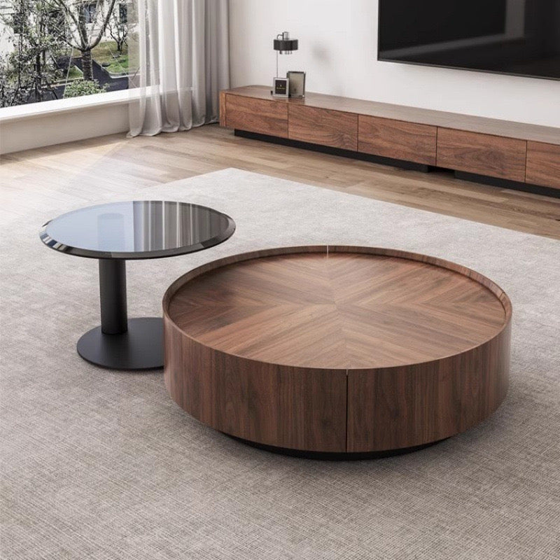 ALMANDINE Modern Coffee Table Set | Round Walnut Storage Table with Glass Accent Table | Contemporary Living Room Furniture