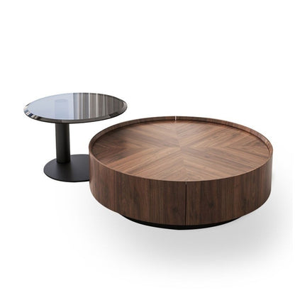 ALMANDINE Modern Coffee Table Set | Round Walnut Storage Table with Glass Accent Table | Contemporary Living Room Furniture