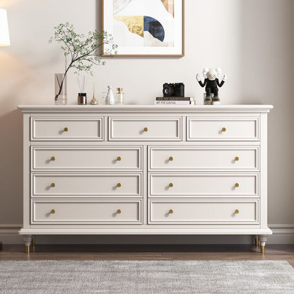 SERAPHINA Classic 9-Drawer Dresser | Premium White Acacia Wood Chest with Gold Hardware | Traditional Bedroom Storage Furniture