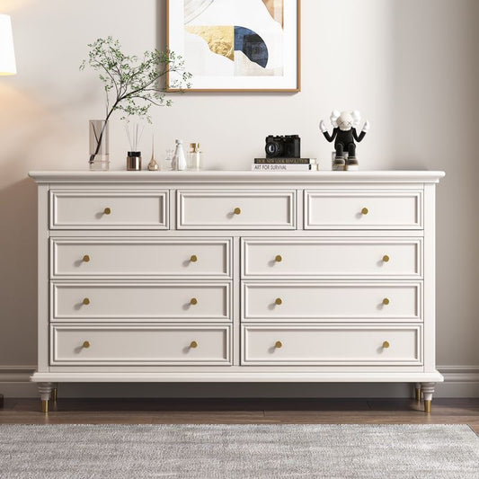 SERAPHINA Classic 9-Drawer Dresser | Premium White Acacia Wood Chest with Gold Hardware | Traditional Bedroom Storage Furniture
