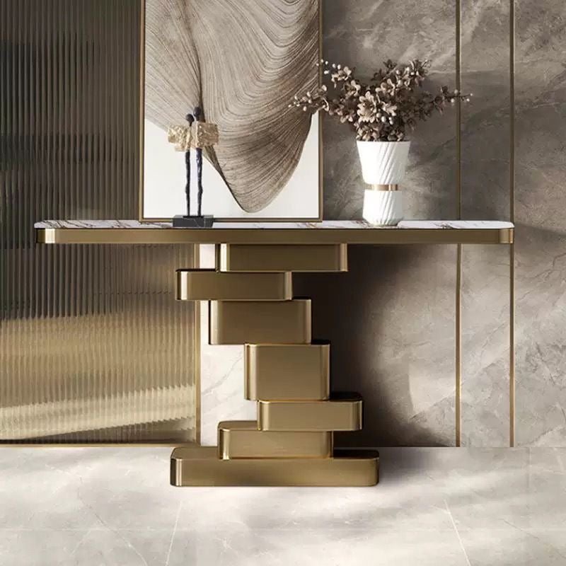 ZAYNIX Architectural Console Table | Premium Stainless Steel with Sculptural Geometric Base | Luxury Statement Piece in Gold & Black Finish