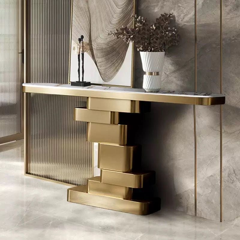 ZAYNIX Architectural Console Table | Premium Stainless Steel with Sculptural Geometric Base | Luxury Statement Piece in Gold & Black Finish